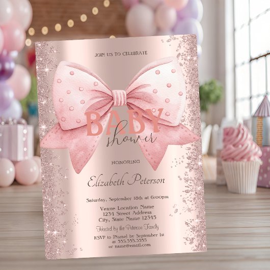 Pink Bow Diamonds Dust Rose Gold Baby Shower 招待状