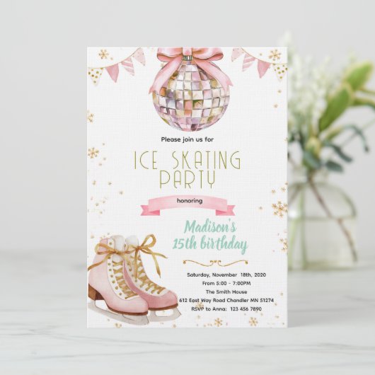 Pink bow disco ice skating party invitation 招待状 (スタンド正面)