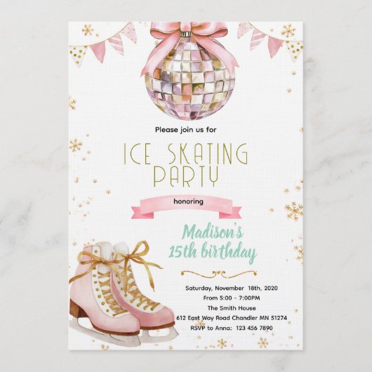 Pink bow disco ice skating party invitation 招待状 (正面)