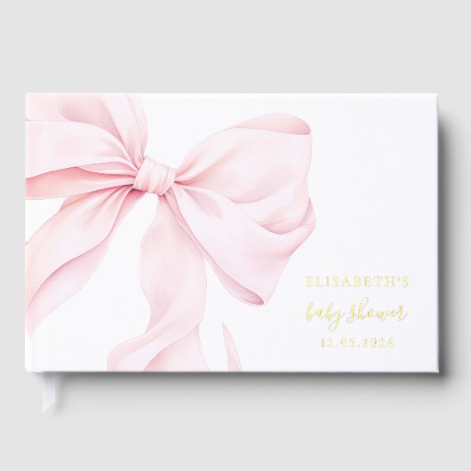 Pink Bow Elegant Baby Shower Gold ゲストブック (正面)