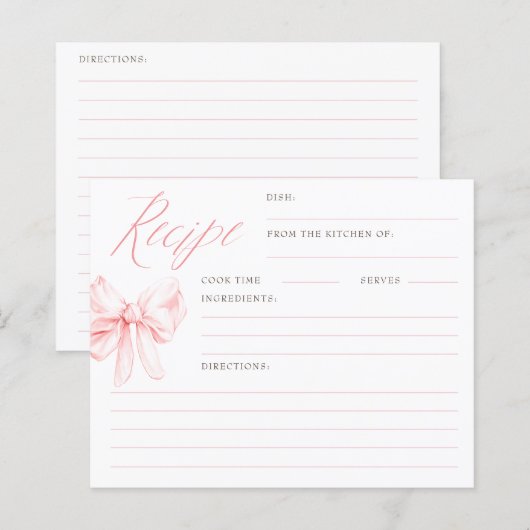 Pink Bow Elegant Bridal Shower Recipe Cards (正面/裏面)
