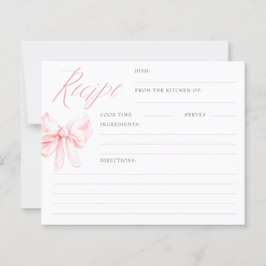 Pink Bow Elegant Bridal Shower Recipe Cards (正面)