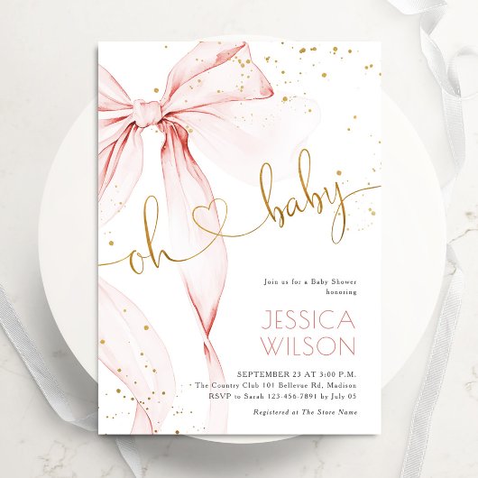 Pink Bow Elegant Girl Baby Shower 招待状