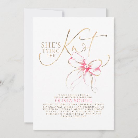 Pink Bow Elegant Modern Minimalist Bridal Shower 招待状 (正面)