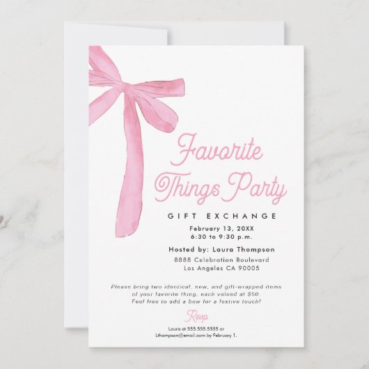 Pink Bow Favorite Things Party Gift Exchange 招待状 (正面)