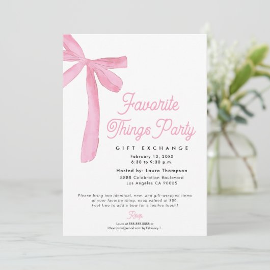 Pink Bow Favorite Things Party Gift Exchange 招待状 (スタンド正面)