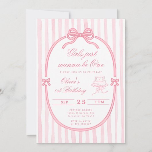 Pink Bow First Birthday Girl Invitation 招待状 (正面)