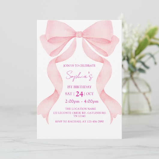 Pink Bow First Birthday Invitation 招待状 (スタンド正面)