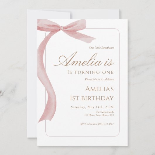 Pink Bow First Birthday Invitation Watercolor  招待状 (正面)