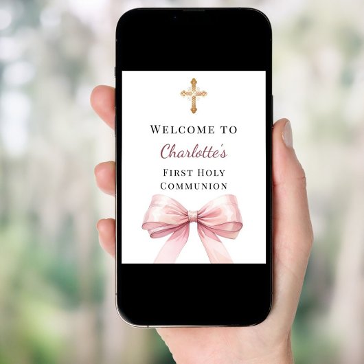Pink bow First Holy Communion welcome ポスター