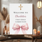 Pink bow First Holy Communion welcome ポスター