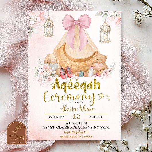 Pink Bow Floral Aqeeqah Girl Invitation 招待状