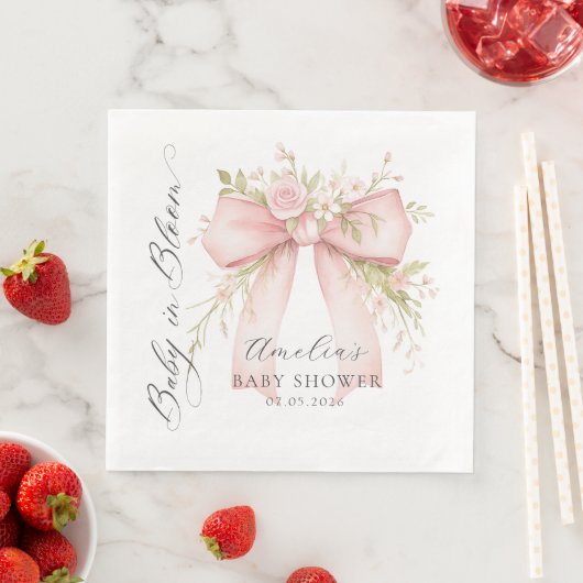 Pink Bow Floral Baby Shower Paper Napkin (インサイチュ)