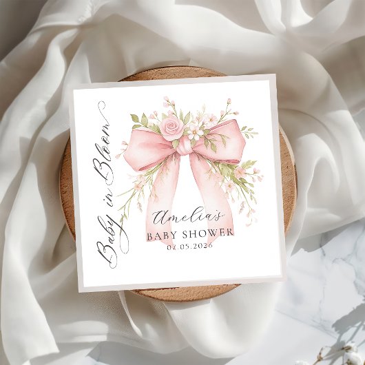 Pink Bow Floral Baby Shower Paper Napkin