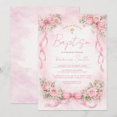 Pink Bow Floral Baptism for Girl Invitation 招待状 (正面/裏面)