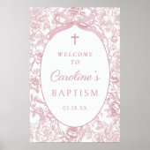 Pink Bow Floral Chinoiserie Baptism Welcome Sign ポスター (正面)