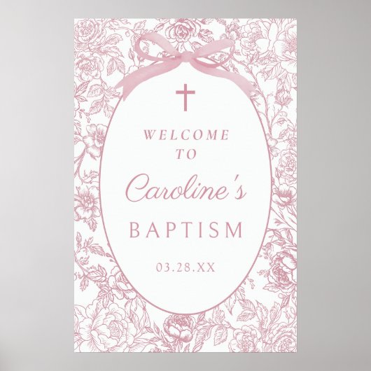 Pink Bow Floral Chinoiserie Baptism Welcome Sign ポスター (正面)