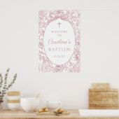 Pink Bow Floral Chinoiserie Baptism Welcome Sign ポスター (キッチン)