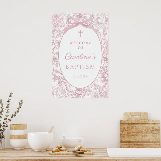 Pink Bow Floral Chinoiserie Baptism Welcome Sign ポスター (キッチン)