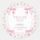 Pink Bow Floral Coquette 1st Birthday Thank You  ラウンドシール (正面)