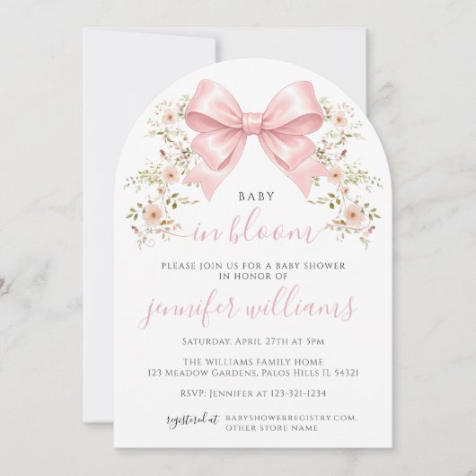 Pink Bow Floral Coquette Baby in Bloom Shower 招待状 (正面)