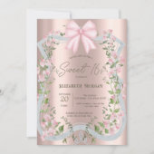 Pink Bow Floral Frame Rose Gold Sweet 16  招待状 (正面)