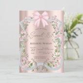 Pink Bow Floral Frame Rose Gold Sweet 16  招待状 (スタンド正面)
