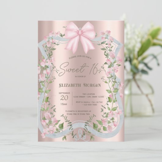 Pink Bow Floral Frame Rose Gold Sweet 16  招待状 (スタンド正面)