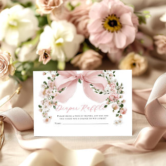 Pink Bow Floral Girl Baby Shower Diaper Raffle エンクロージャーカード