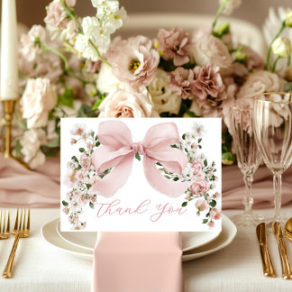 Pink Bow Floral Girl Baby Shower Thank You Card サンキューカード