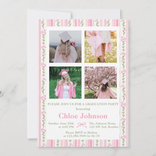 Pink Bow Floral Graduation 招待状 (裏面)