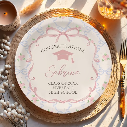 Pink Bow Floral Graduation Paper Plates ペーパープレート