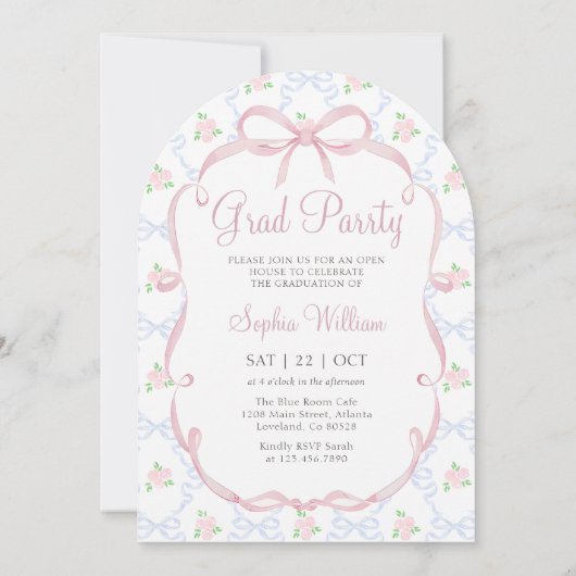 Pink Bow Floral Graduation Party 招待状 (裏面)