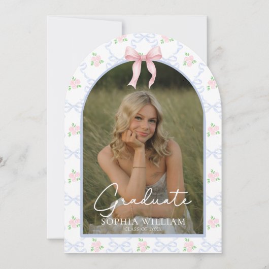 Pink Bow Floral Graduation Party 招待状 (正面)