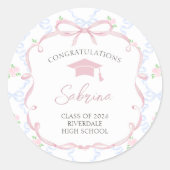 Pink Bow Floral Graduation Sticker ラウンドシール (正面)