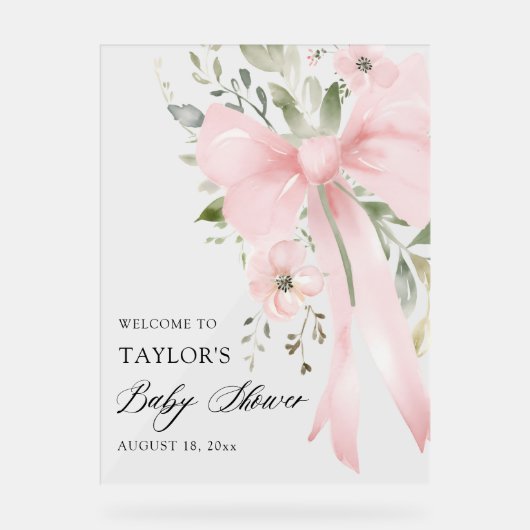 Pink Bow Floral Greenery Girl Baby Shower Welcome アクリルサイン (正面)