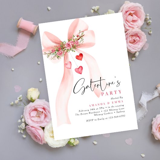 Pink bow floral hearts gal pals Valentine's  招待状