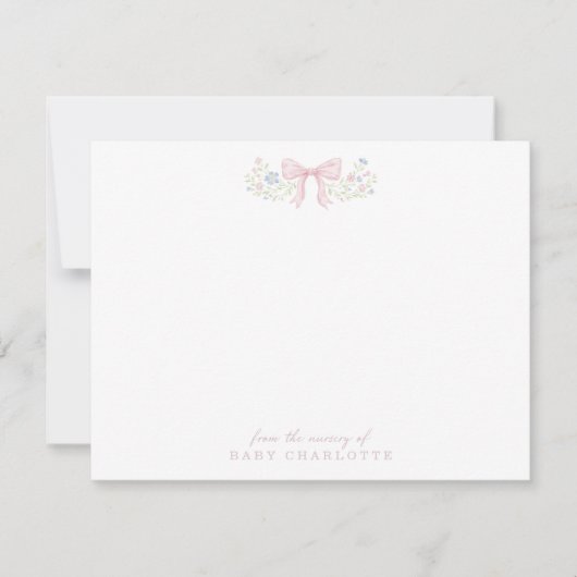 Pink Bow Floral Nursery Note Card 案内状 (正面)