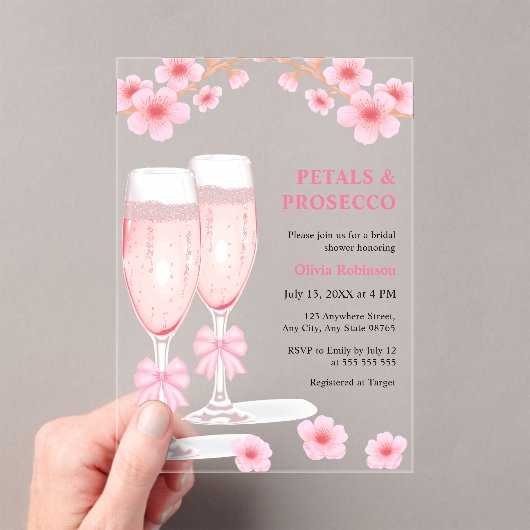 Pink Bow Floral Petals and Prosecco Bridal Shower アクリル招待状 (インサイチュ (ポータブル))