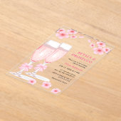 Pink Bow Floral Petals and Prosecco Bridal Shower アクリル招待状 (レイダウン)