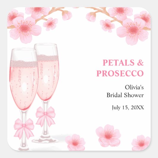 Pink Bow Floral Petals and Prosecco Bridal Shower スクエアシール (正面)