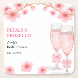 Pink Bow Floral Petals and Prosecco Bridal Shower  スクエアペーパーコースター