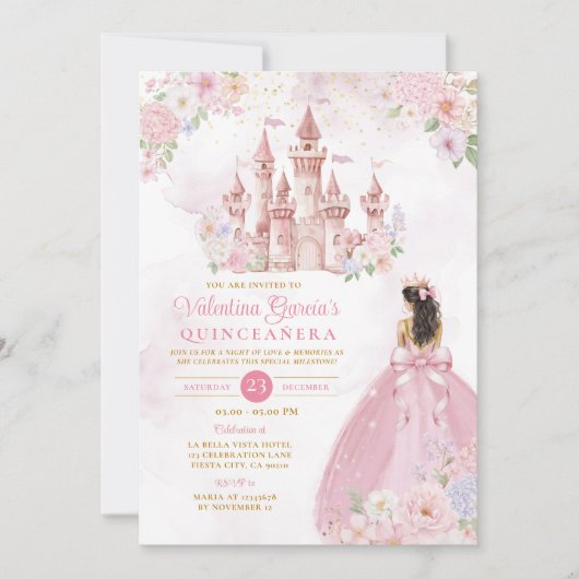 Pink Bow Floral Princess Royal Castle Quinceañera 招待状 (正面)