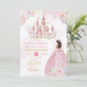 Pink Bow Floral Princess Royal Castle Quinceañera 招待状 (スタンド正面)