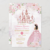 Pink Bow Floral Princess Royal Castle Quinceañera 招待状 (正面/裏面)