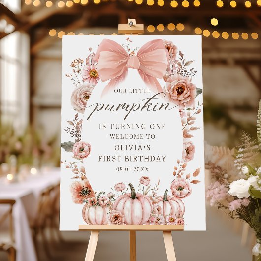 Pink Bow Floral Pumpkin Birthday Welcome Poster ポスター