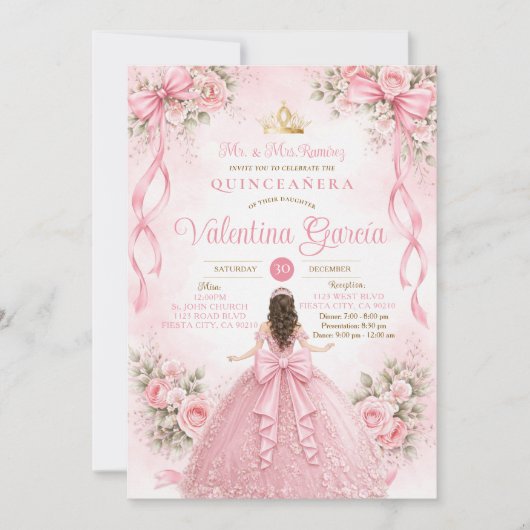 Pink Bow Floral Quinceañera Sweet 16 招待状 (正面)
