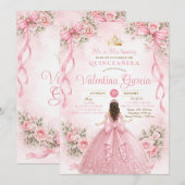 Pink Bow Floral Quinceañera Sweet 16 招待状 (正面/裏面)
