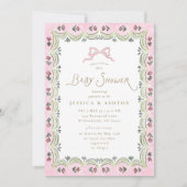 Pink Bow Floral Scalloped Frame Baby Shower  招待状 (正面)