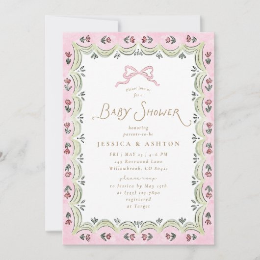 Pink Bow Floral Scalloped Frame Baby Shower  招待状 (正面)